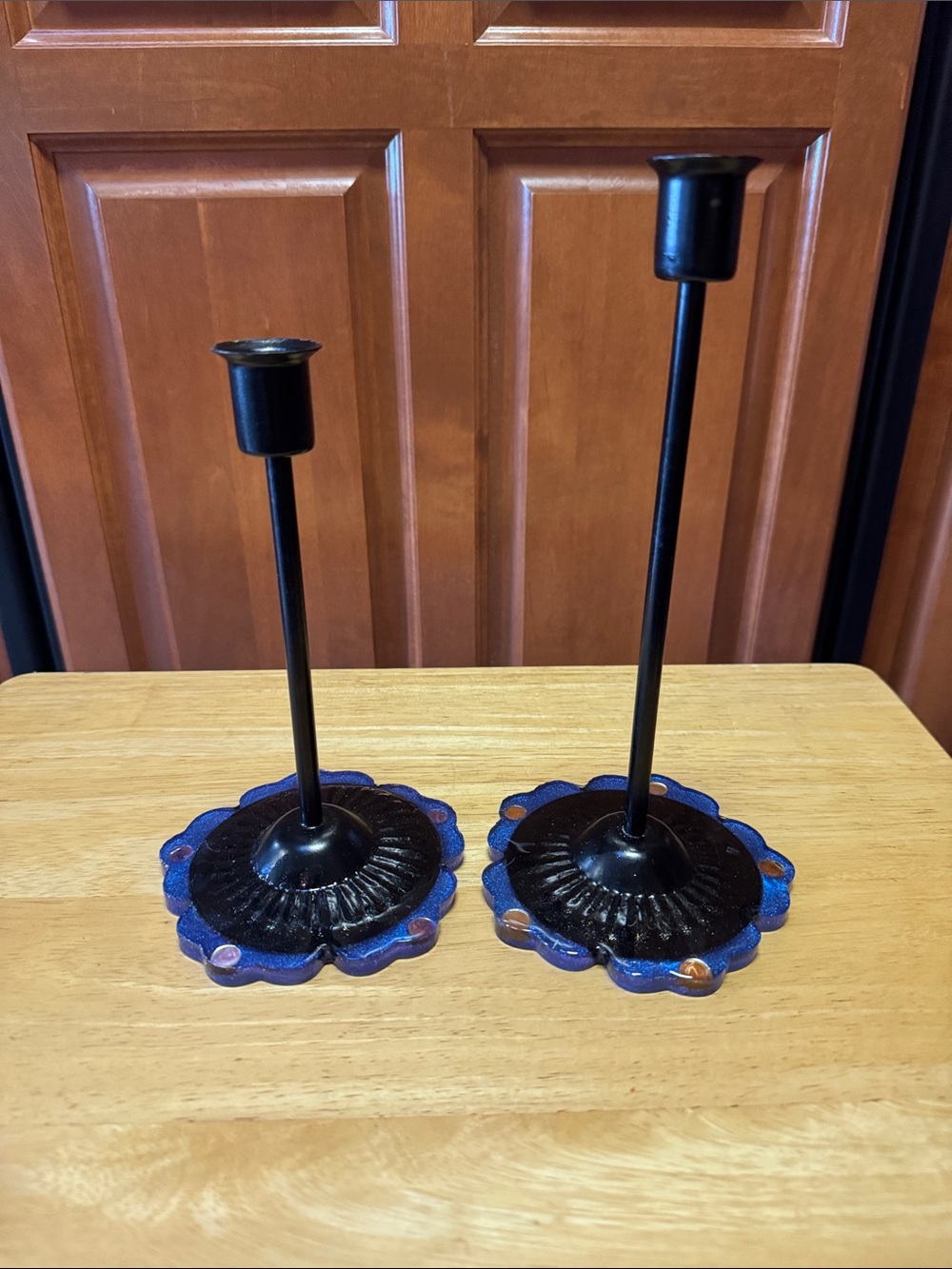 Black Metal Candlestick Holders with Blue Accent Bases. Homemade set of 2